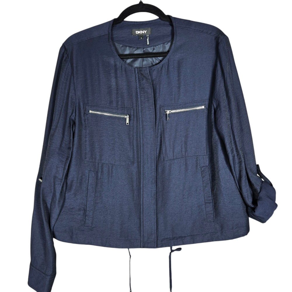 DKNY Jacket Womens Small Navy Versatile Roll Tab Zip Front‎ Beach Casual Minimal